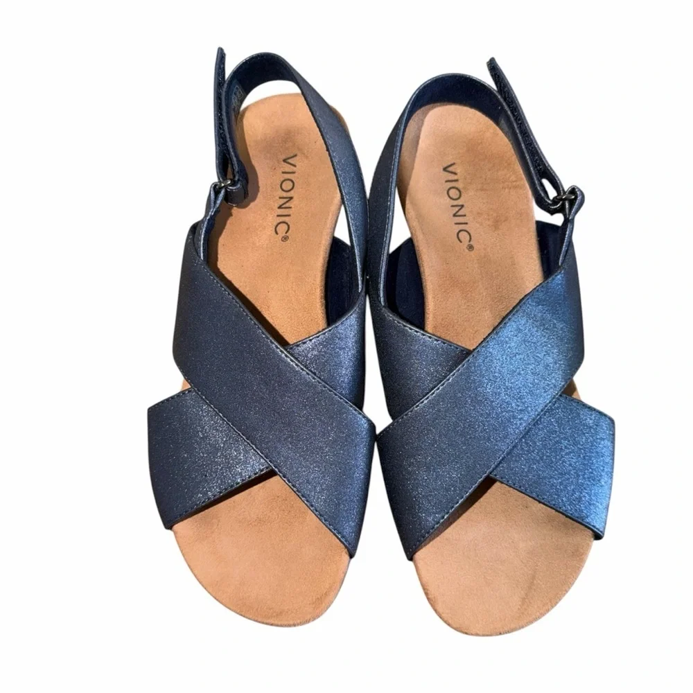 Vionic McKenna Navy Metallic Sandal Wedge Heels Women’s 7.5 - Picture 3 of 10
